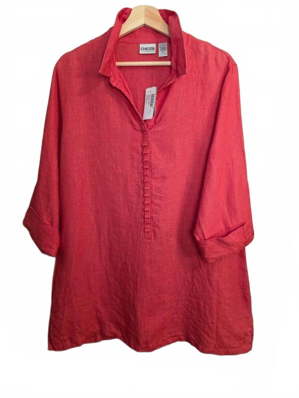 Chico's red linen popover top 100% linen NWT Size 2